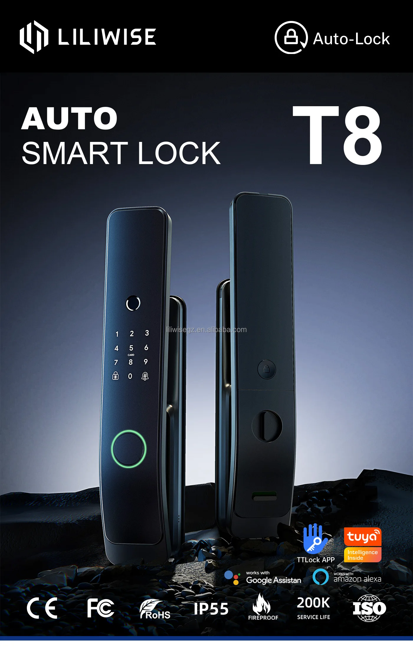 Liliwise High Security Smart Door Lock with Biometric Fingerprint and Tuya WiFi Suitable for 35~60mm Door Thickness 2