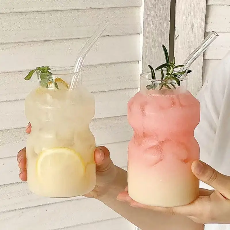 250ml/440ML Simple Stripe Coffee Glass Cup With Lid and Straw Transparent Bubble Tea Cups Breakfast Mug