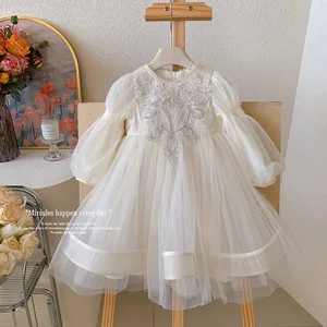 New Summer Princess Solid Chiffon Dress for Children Stylish O-Neck Lace Sweet Flower Knee-Length Wedding Clothes for Kids Girls