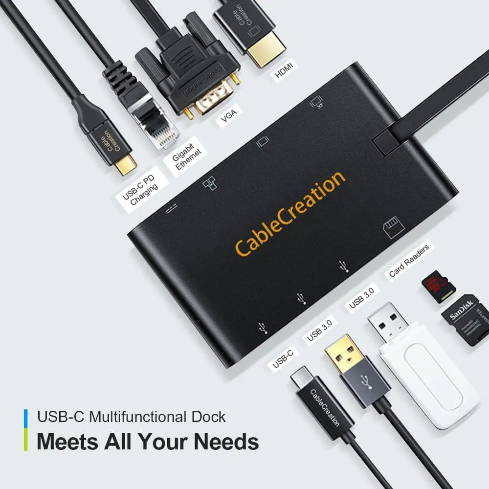 
Cablecreation кабель-Переходник USB C на HDMI + VGA + USB 3,0 + гигабитный RJ45 Ethernet + устройство для чтения карт памяти + USB-C PD зарядный док-станция, thunderbolt 3 док-станция 