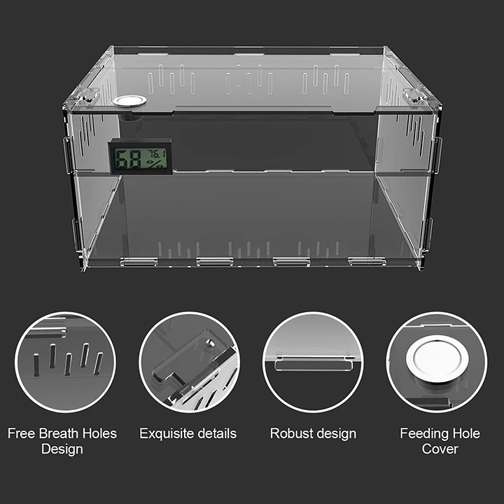 Acrylic Reptile Breeding Box Terrarium Cage Tank Reptile Terrariums Reptile Display Case with Temperature Hygrometer
