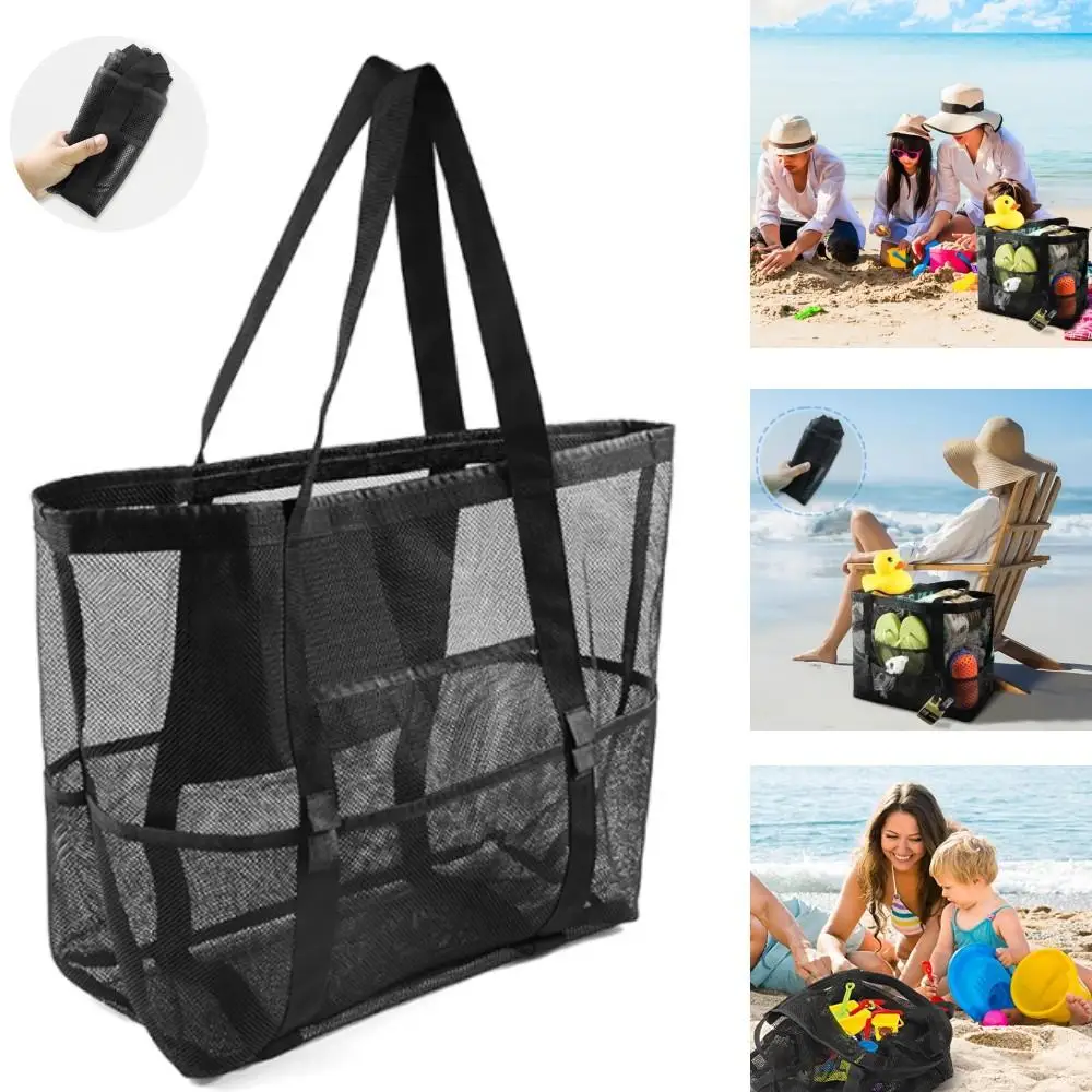Multiple Lightweight Pockets High Quality Foldable Black Mesh Beach Bag Summer Swimming Beach Tote Bag for Vacation