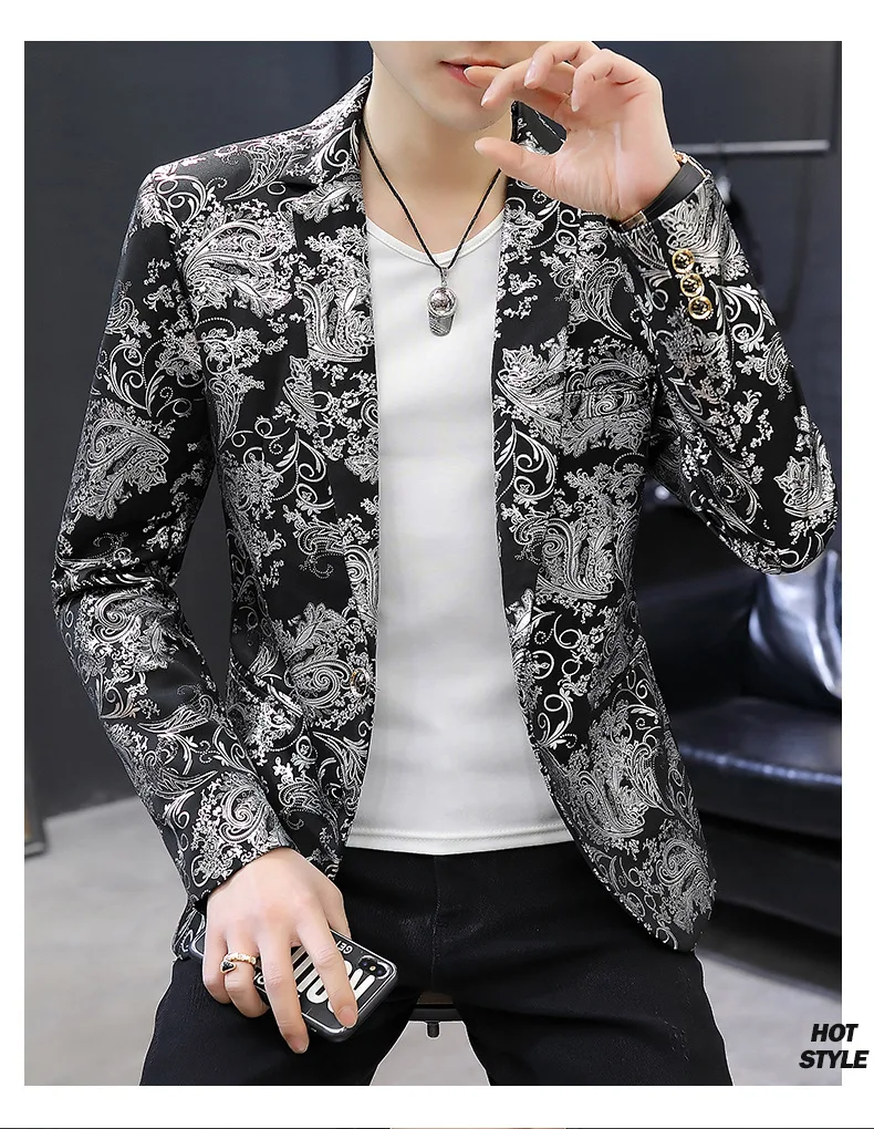 Men Blazer Suit Printed Slim Lapel Collar Casual Mens Suit Thin Jacket ...