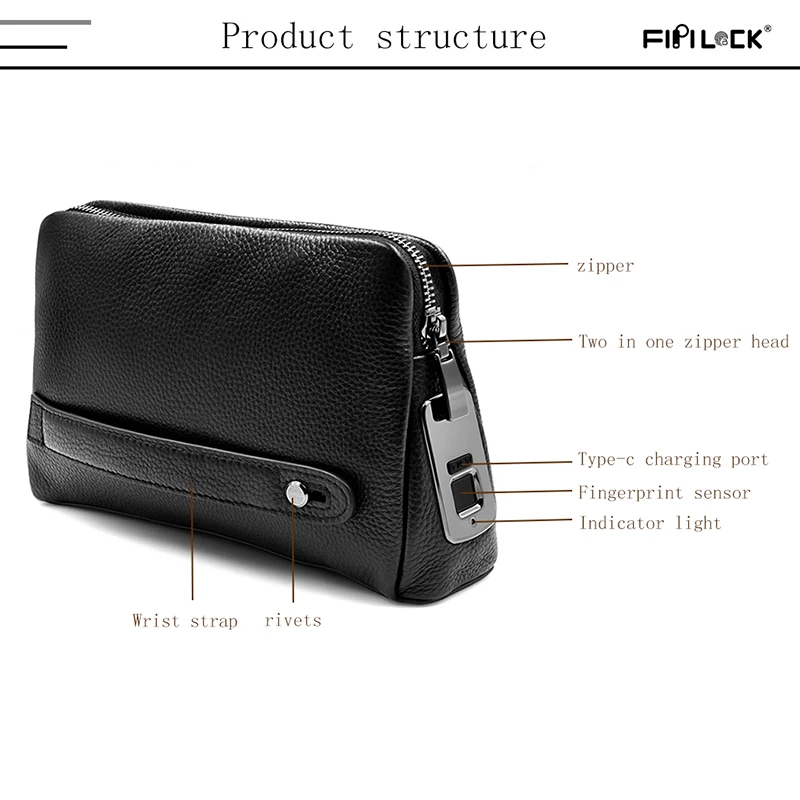 mart Fingerprint Handbag, Zipper Leather Wallet,Smart Fingerprint