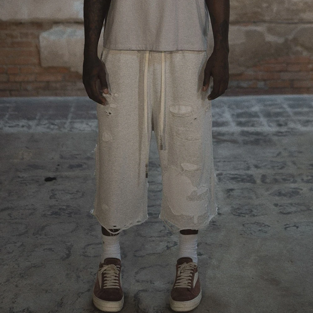 Summer Custom Men's Oversized Knee Length Raw Hem Ripped Distressed Baggy Jogger Sweat Shorts Man gallery 4