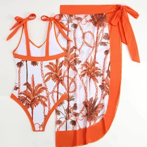 Women's Modest Coverage V-Neck Print Designer 2-Piece Swimsuit Cover-Up Set Anti-UV Spandex/Nylon Backless Front Logo Sizes S-L