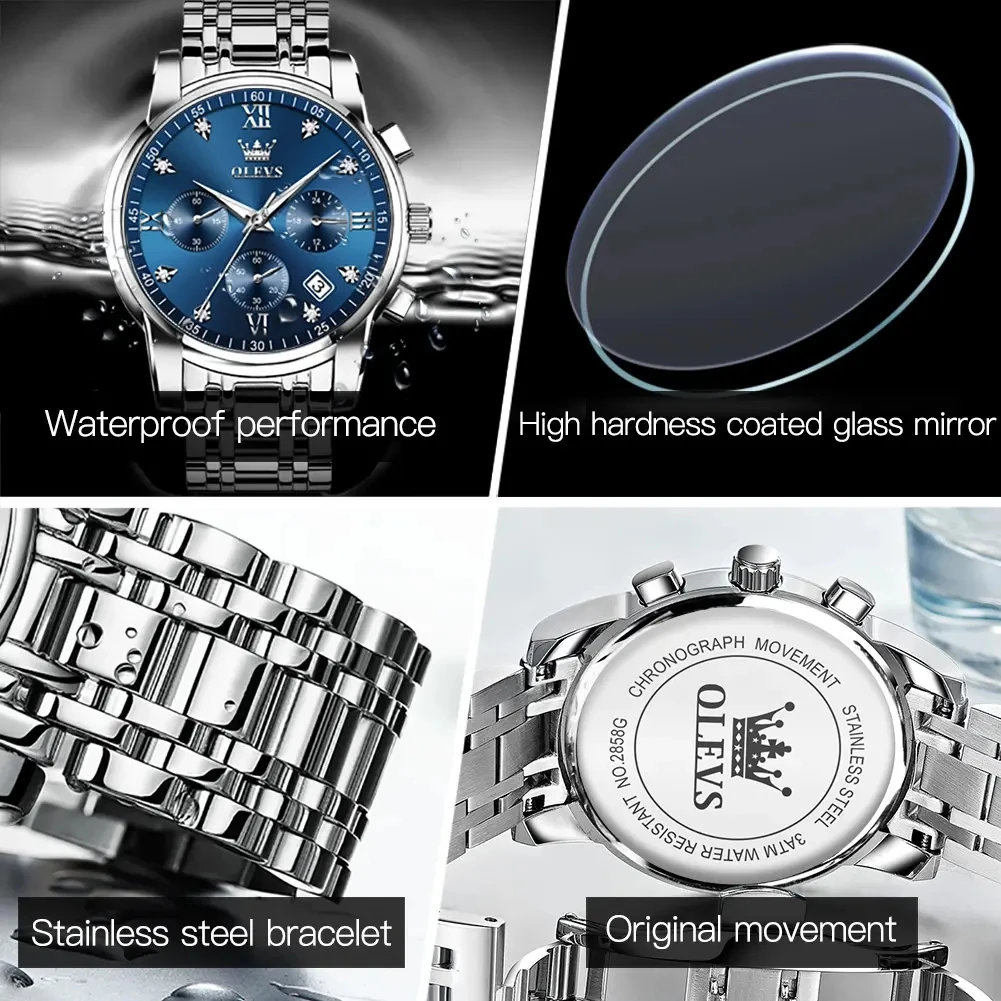 OLEVS 2858 Business Multi Time Zone Wristwatch Reloj Waterproof Feature Analog Date Watches Stainless Steel Quartz Watch for Men
