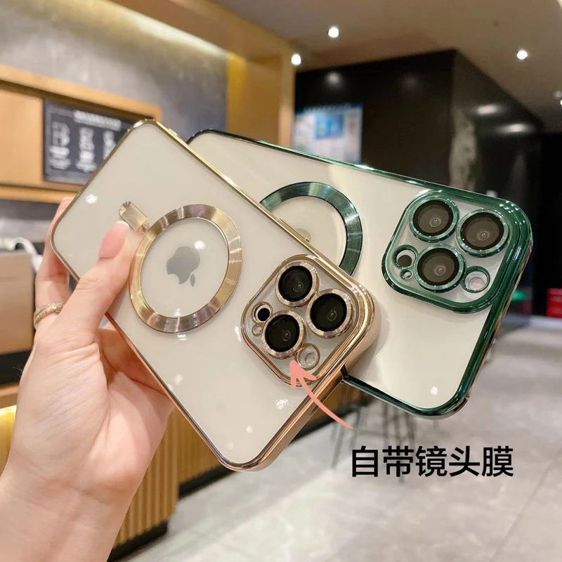 Мягкий силиконовый чехол для iPhone 14 13 Pro Max с гальваническим покрытием прозрачный телефона Magsafes противоударный защитный