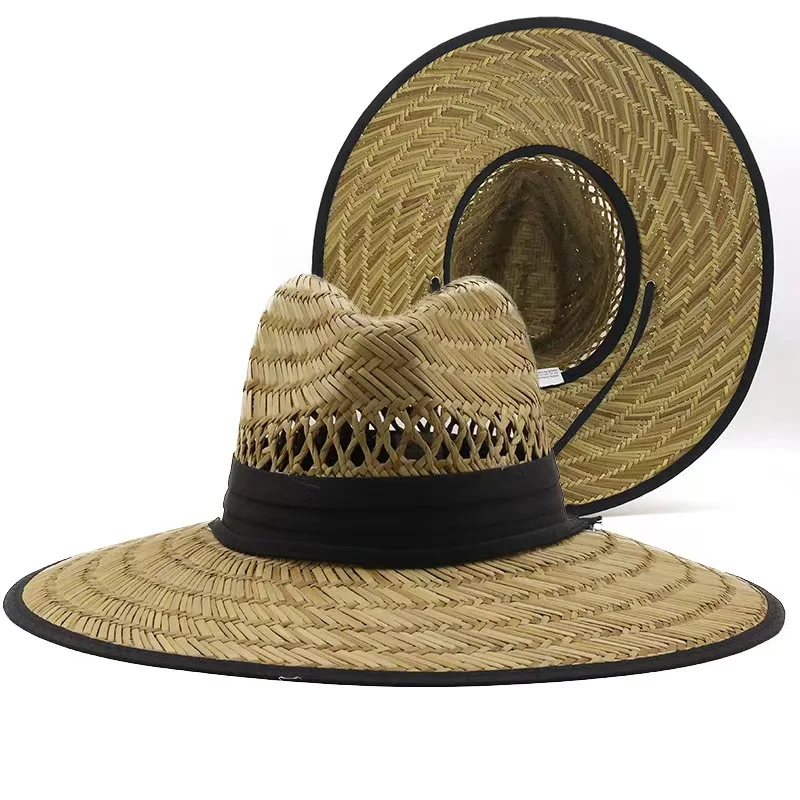 Custom Printed Summer Sunshade Outdoor Beach Hollow Breathable Panama Hat, Unisex Surfing Straw Lifeguard Hat_voghion.com