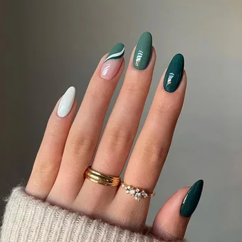 24Pcs Colors Wholesale French Style Green and White Almond Press on Nails