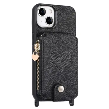 PU Card Holder Mobile Phone Protection Case Love Wallet Card Holder Mobile Phone Case Crossbody Long Drawstring Phone Case