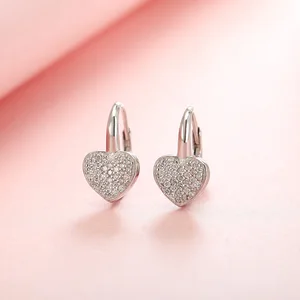 Girls Cute 925 Sterling Silver AAA Cubic Zirconia Earrings France Lock Leverback with Love Heart Gold Plated Trendy Style