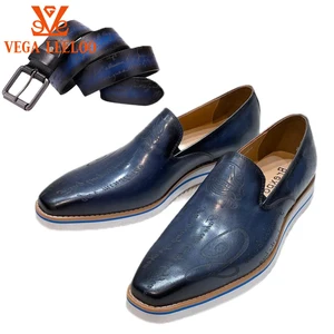 Deep Blue Leather Shoes and Belt Set for Men  Non-Slip Rubber Sole  Matching Tribal Design  Wine Red Office Party  Dress Shoes