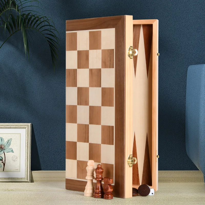 Grand jeu d'échecs pliable en bois (39 x 2,5 cm), 3 en 1, comprenant backgammon et dames, pour enfants et adultes débutants._voghion.com