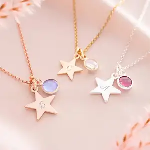 High Quality Wholesale 925 Sterling Silver Personalised Birthstone Crystal Star Sign Necklace 5 Points Star Necklace for Women
