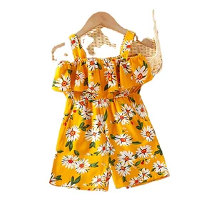 New Summer 2021 Girls Suspender Pants Print Flounce One Line Collar Leggings Shorts Kids Flower Jumpsuit
