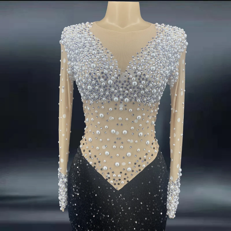 Luxury Stage Show Performance Model Party Dress Long Sparkly Diamond Beaded  Black and White 21St Birthday Dress