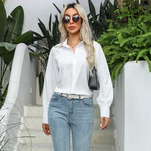 Women Button-Up Blouse With Lantern Sleeves Pleated Solid Color Stand-Up Collar Loose Fit Long Shirt