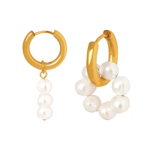 Fine Asymmetric Titanium Steel Freshwater Pearl Earrings Jewlery for Women 18k Gold Plated Hoop Earrings