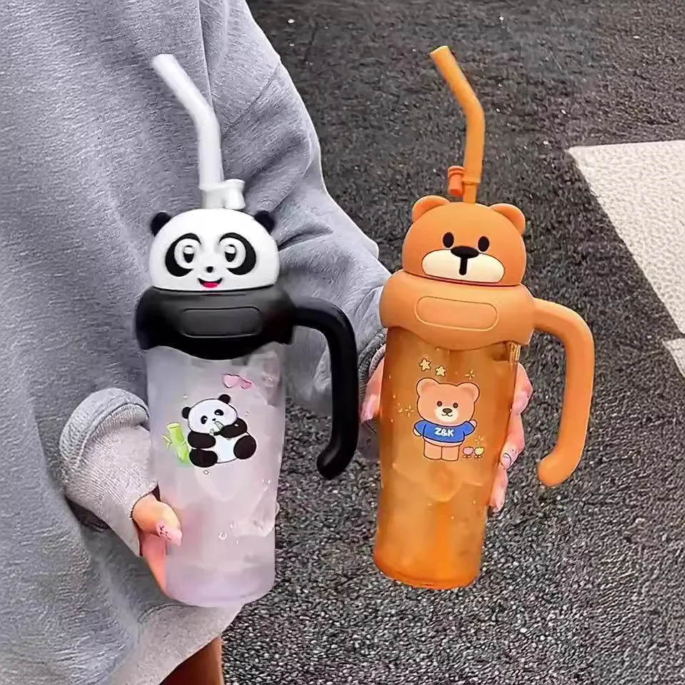 Travel Cartoon Rabbit Plastic Ice Coffee Tumbler Mug Bottle with Handle