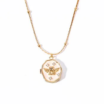 Women's Vintage 14K Gold Plated Angel Pendant Necklace Copper Gold Finish Trendy Retro Geometric Pattern Zircon for Parties