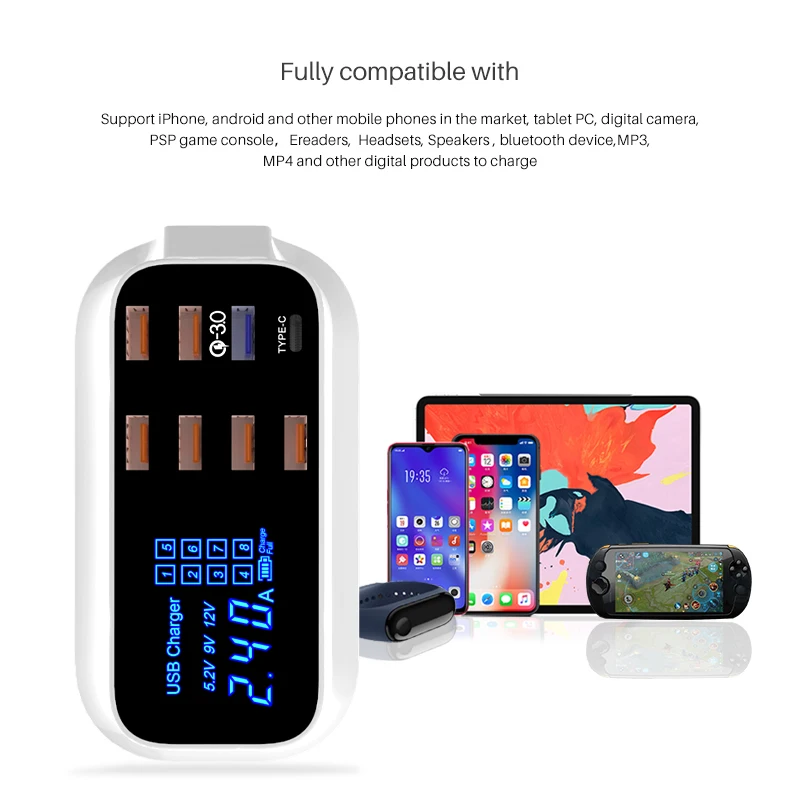 Smart Power Quick Charge 8 USB Charging Ports Usb Charger Hub with LED Display Screen
