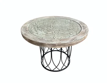 Coffee Table Antique Carving Pattern Dining Room Furniture With Tempered Glass Wood And Metal Dining Table