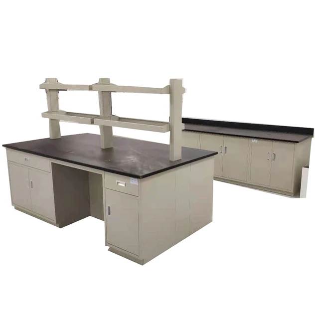 light gray color laboratory island bench with reagent rack shelves and sockets, high quality, factory direct supply nice looking