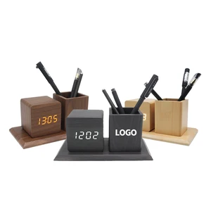 Custom LED Smart Alarm Clock Home Office Desktop Pen Holder Wood Clock Electronic Clock with Logo