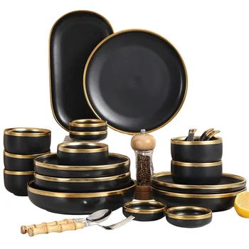 Best Fine Nordic Luxury Living Dining Room Black Gold Steak Plate Tableware Pottery Porcelain Ceramics Dinner Set