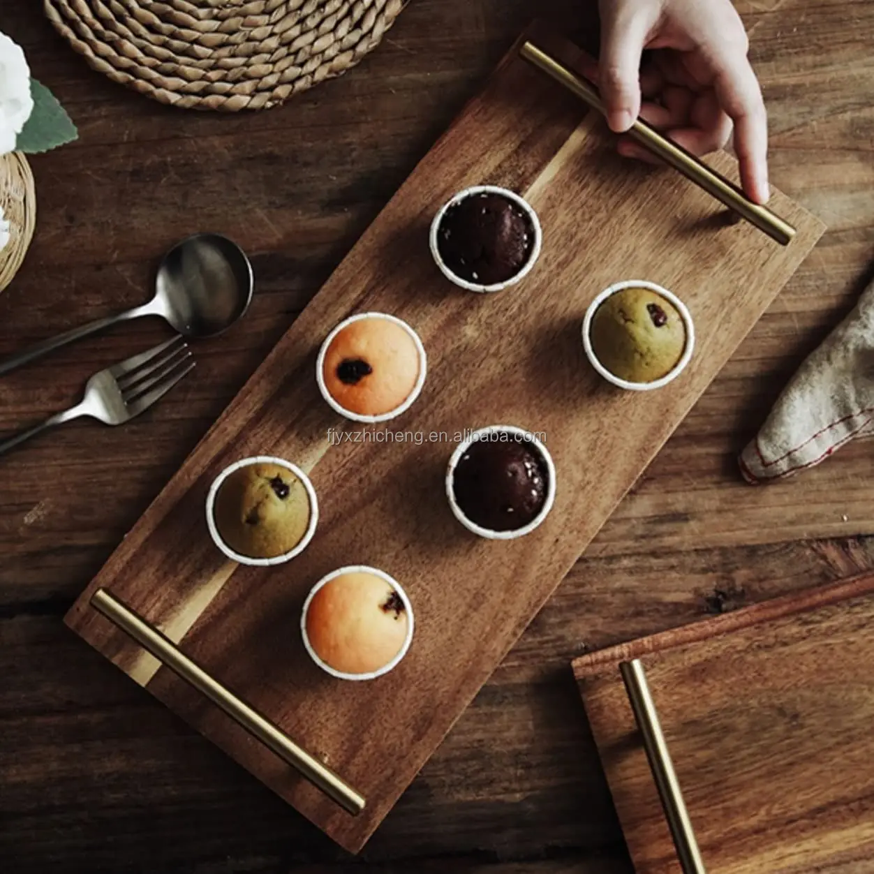 product wholesale decorative home coffee table tray acacia wooden breakfast tray serving tray with stainless steel handles-2