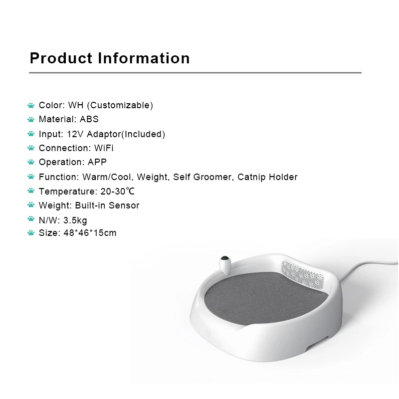 Weighing Sensor WiFi APP Control Warm Cool Temperature Adjustable Smart Pet Bed with Self Groomer Catnip Holder