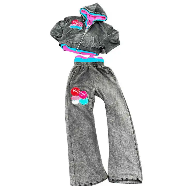 Salati Streetwear Custom Vintage Jogging Set Triple Zip Layer Acid Wash Zip up Hoodies and Sweatpants Set Patch Men Tracksuits