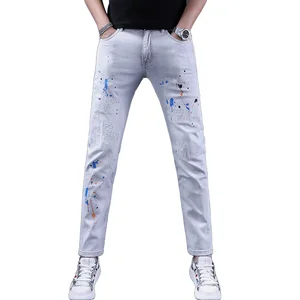 American Trend Brand Men's Summer Hip Hop Style Hand-Painted Graffiti Jeans with Luxe Straight Leg Long Pants