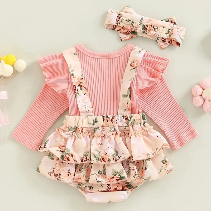 2 Pcs Baby Floral Print Long-sleeve Faux-two Romper Dress Set For Baby ...