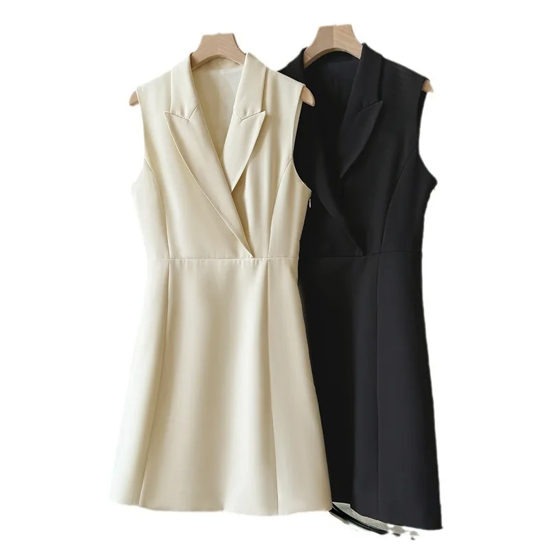 Vintage Three-Acetate Women's Summer Hepburn-Style A-Line Dress with V-Neck High-Waist Sleeveless Zipper Closure Mid-Length