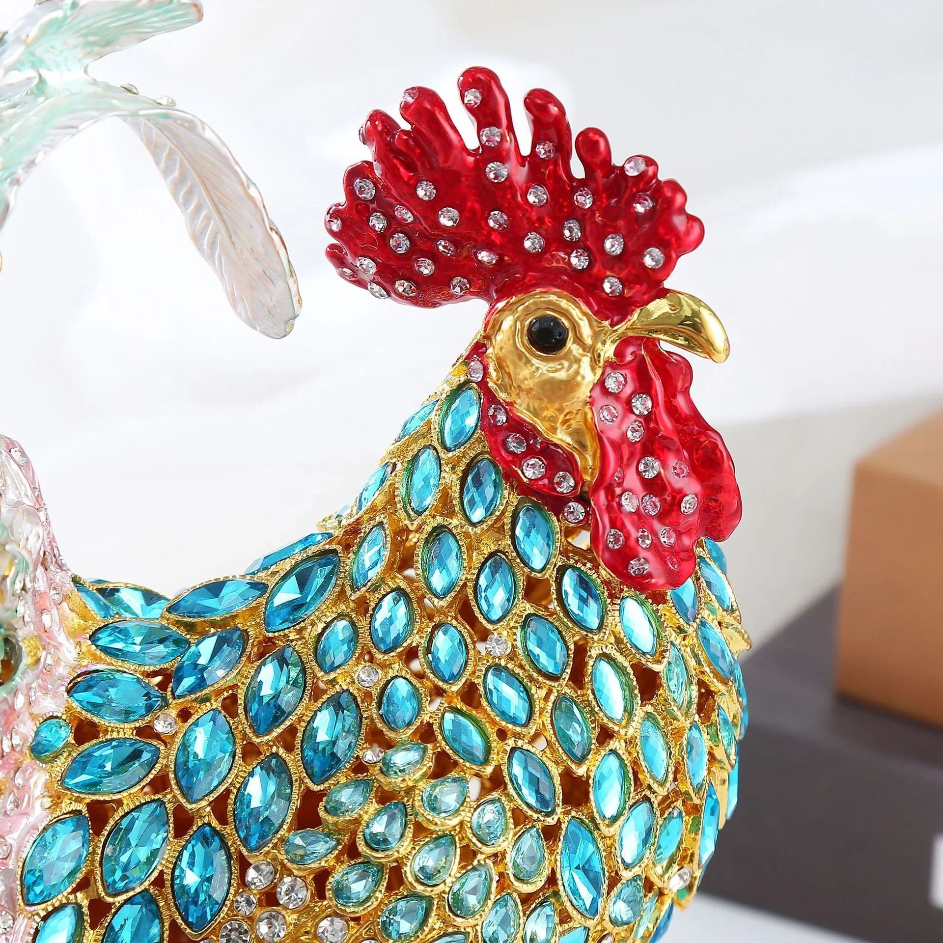 Blue Rooster Figurine Trinket Box - Gold Plated, Enamel & Crystal, Small Jewelry Keepsake Box