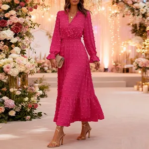 Women's Elegant  Trendy A-Line Ruffle Hem Maxi Dress V Neck Long Sleeve Cute Swiss Dot High Waist Casual Dress for All Seasons