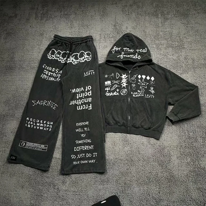 Customized Winter Casual Set Embroidered Knitted Sweatwear Suit with Washed Hoodie and Pickled Flared Pants Zippered Design