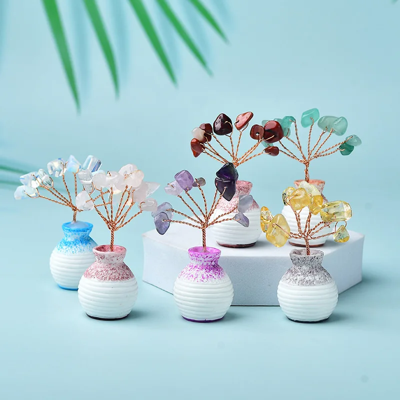 Bonsai Mini Rose Quartz Copper Seven Chakra Healing Stone Crystal Tree of  Life Lucky Money Fortune Tree Decor