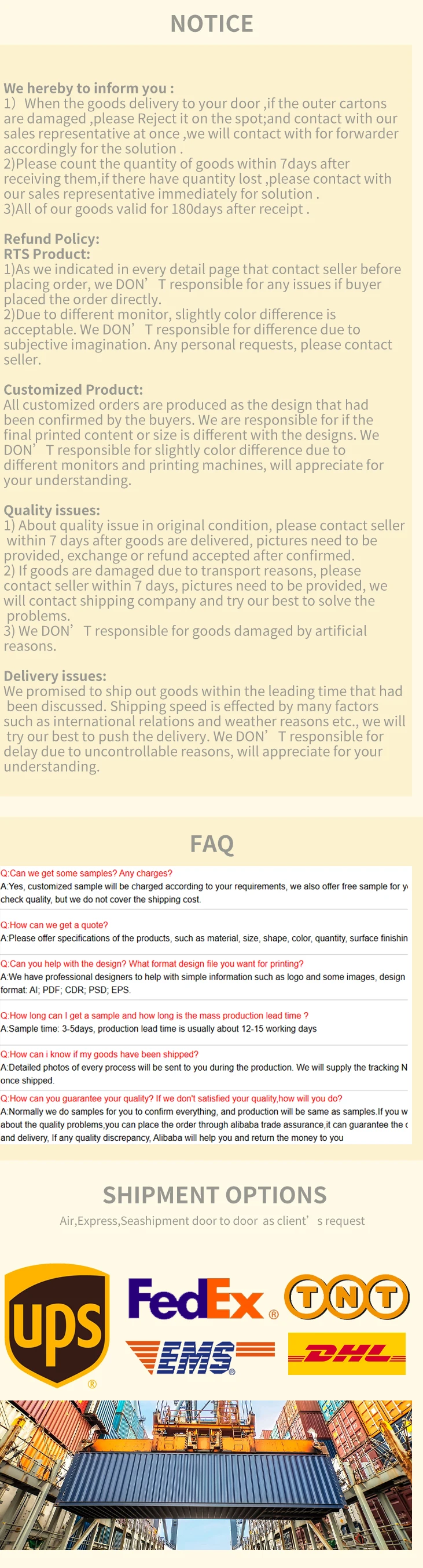Packaging & shipping specifications
