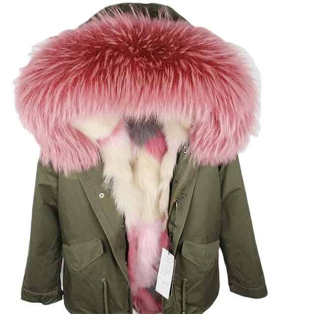 Women Real Raccoon/Fox Fur Collar Hooded Coat Winter Jacket Warm Military Parka