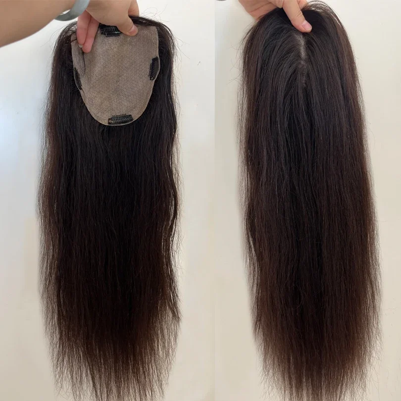Topper in seta con base in capelli umani castano scuro da 22 pollici per le donne_voghion.com