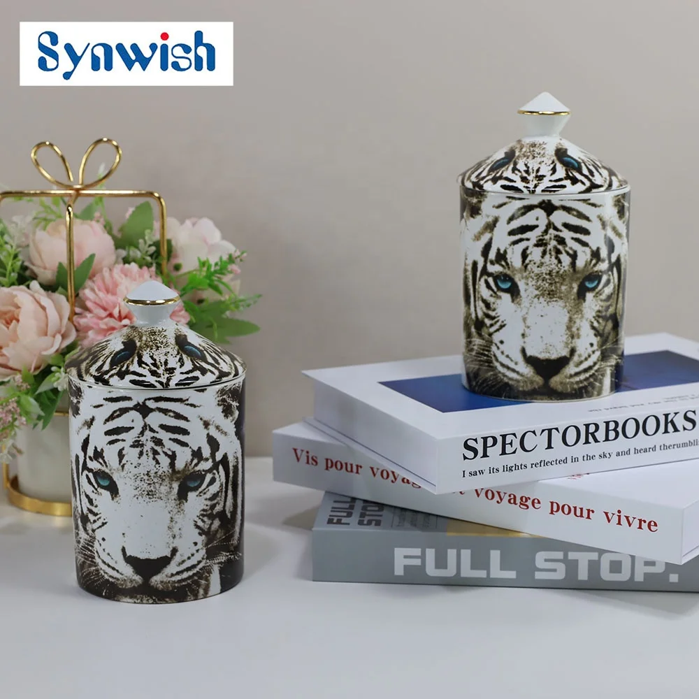 Synwish Aroma Reed Diffuser Bottle Stone Scented Candle Set Ceramic Candle Vessels Tiger Face Jar Holders With Lids manufacture