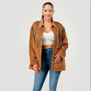 Explosions Women's Long Western Woven Studded Tassel Loose Lapel Jacket with Polyester Lining for Shopping and Commuting