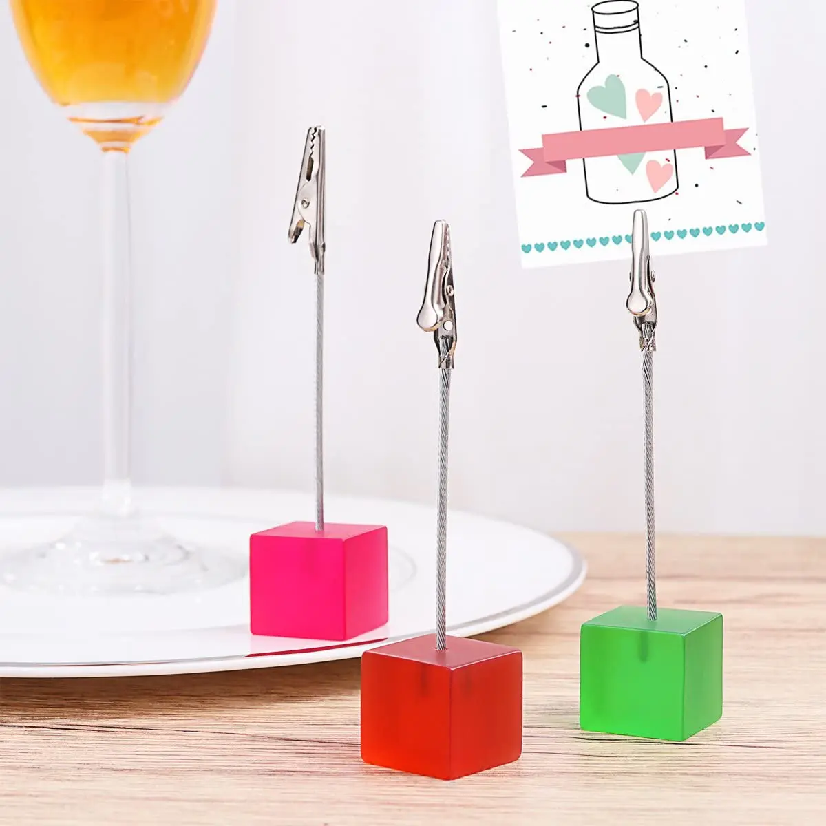 High Quality Colorful Resin Cube Base Picture Hold Clip  Memo Menu Clip Holder Stand With Alligator Clip