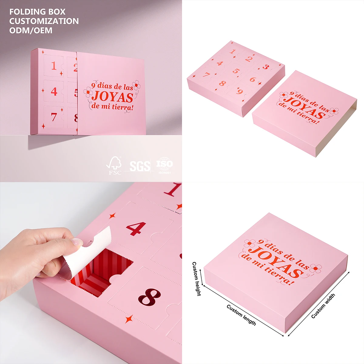 Aanpasbare adventskalender-geschenkdoos, kartonnen doos met 9 aftrekbare vensters voor de teller naar Kerstmis, OEM/ODM-service beschikbaar