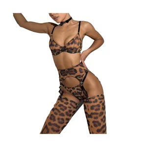 2026 Valentine's Day Top Sale Leopard Print Sexy Lingerie Set for Women Femme Hot Passion Garter Belt Lace G-string Lingerie