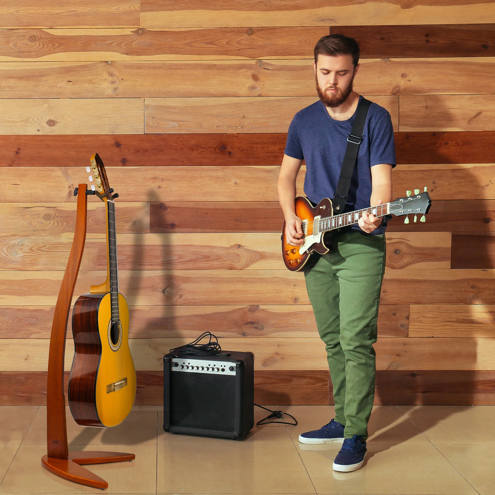 HilerPunk Support de guitare acoustique en bois massif, support de guitare électrique classique, support pliable en A, accessoires de guitare, compatible avec violoncelle, mandoline, basse, banjo