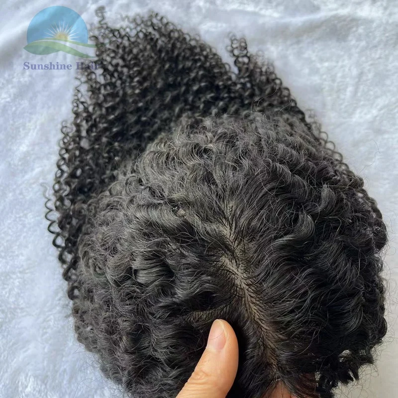 Afro Kinky Curl Fishnet Silk Microline Toupee 100% Remy Hair European Fine Curly Women's Hair Topper Natural Black